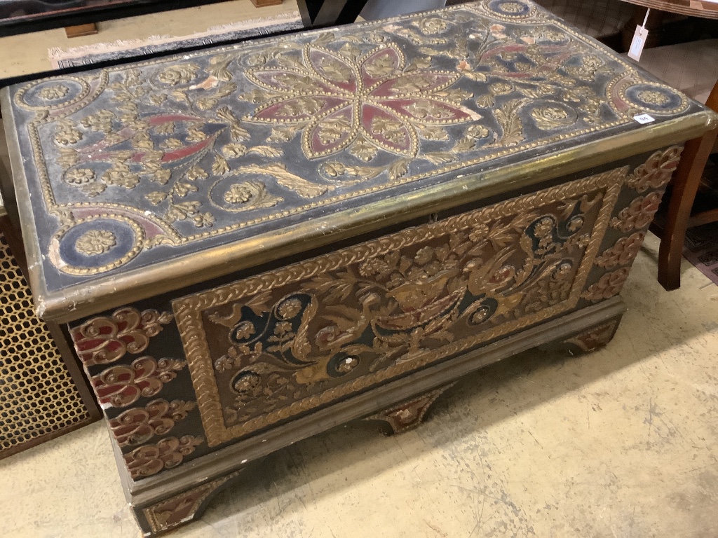 An ornate painted and gilt coffer, width 120cm depth 61cm height 68cm